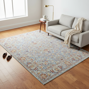 Alfombra Tejida a Mano de Lana Vintage con Bordado Ecológico Lavable, Motivo de Medallón Azul Cielo Tradicional para Decoración de Sala de Estar - Product Image 1