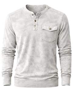 Custom <b>Mens</b> Acid Wash <b>Henley</b> Long Sleeve Sweatshirt Light Grey Casual Button Neck Pocket Style Winter Wear Cotton Slim Fit <b>Top</b> - Product Image 1