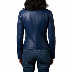 Women's Elegant <b>Grey</b> Sheepskin Leather Collarless <b>Jacket</b> Custom Fit XS Size Full Sleeve Handcrafted Sleek Minimalist Style - Product Image 2