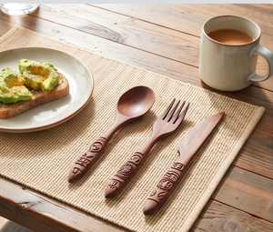 Juego de cubiertos modernos de madera con diseño de mangos tallados tradicionales, cubiertos reutilizables para uso en camping, utensilios de cocina y hoteles. - Product Image 6