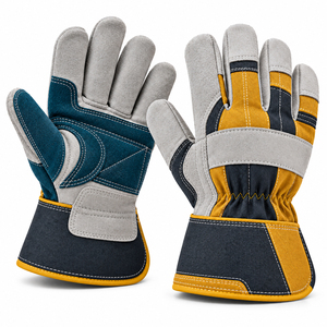 Gants de travail bleu sarcelle, moutarde et anthracite avec paume multi-panneaux, surpiqûres contrastées et poignets larges – Vêtements de travail personnalisés - Product Image 1