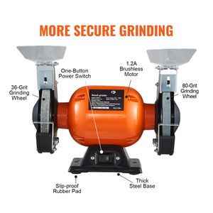 Smerigliatrice da banco industriale a velocità singola da 6 pollici con motore brushless da 2.1A, 3550 RPM, mola abrasiva da 36/80 grana - Product Image 6
