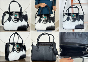 Sac fourre-tout en cuir véritable de vachette à poils, vente en gros usine 2026, sac à bandoulière décontracté pour femme en cuir repoussé avec concho turquoise - Product Image 2
