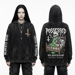 Sudadera con capucha de cremallera completa para mujer, color marrón, con lavado ácido, 500GSM, estilo Steampunk, estampado de calavera de buceador, manga tubular y gráfico, de peso pesado - Product Image 2