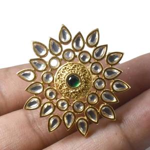 Anillo Ajustable Chapado en Oro de 22K con Esmeralda y Diamantes CZ Polki, Anillo de Declaración, Joyería Tradicional India para Boda y Compromiso - Product Image 3