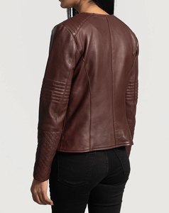 Veste de moto en cuir véritable pour femme, nouveau design, col rond, manches longues, design matelassé, fermeture éclair, style automne - Product Image 3
