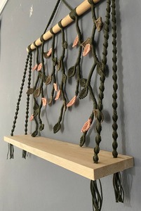 Artistic Green Leaf Pattern Macrame Wall Hanging Shelf With Wooden Base Suitable For Home <b>Decor</b> And Gifting Purpose From India - Product Image 6