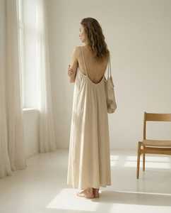 Women's 100% Linen V-neck Sweet Natural Waist Maxi Dress <b>Spaghetti</b> <b>Strap</b> Backless Regular Fit A-Line Summer Minimalist Casual - Product Image 1