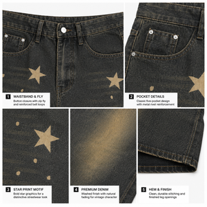 Shorts en jean Y2K pour hommes, imprimé étoiles, style streetwear vintage délavé, coupe ample, jorts décontractés à jambe large, hip-hop - Product Image 4