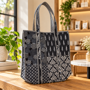 Bolso Tote Acolchado de Algodón Bohemio en Blanco y Negro, Bolso de Hombro con Estampado Abstracto, Bolso de Compras Casual para Mujer, Bolso de Mano de Moda para Uso Diario - Product Image 3