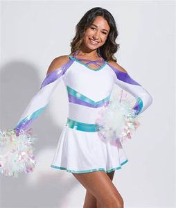 Uniforme de cheerleading pour adultes, jupe bicolore blanc, violet et turquoise, avec pompons, imprimé pailleté, en spandex et polyester - Product Image 1