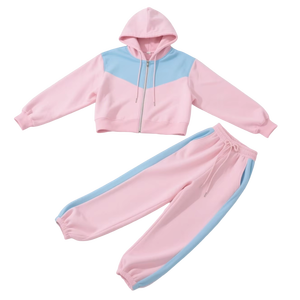 Women <b>Pink</b> Blue Color Block Zip Up Crop Hoodie Shorts <b>Set</b> Fleece <b>Tracksuit</b> Casual Two Piece Outfit - Product Image 2