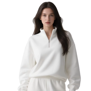 Sudadera con capucha de punto blanca para mujer, media cremallera, corte regular, manga larga, informal, transpirable, ecológica, estampada, para otoño e invierno - Product Image 1