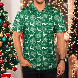 Men's Green <b>Christmas</b> Polo <b>Shirt</b> With Reindeer Snowflake Print <b>Short</b> <b>Sleeve</b> Casual Knitted Polyester Breathable Design - Product Image 3