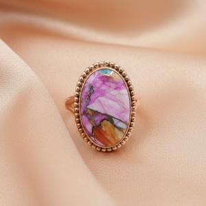 <b>Pink</b> Dahlia Oyster Turquoise Oval Ring 925 Sterling Silver Handmade Beaded <b>Frame</b> Statement Ring Rose Gold Yellow Gold Plated - Product Image 3