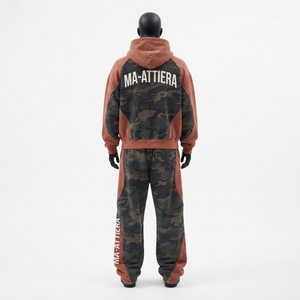 Men Rust Brown <b>Camouflage</b> Zip Up Hoodie <b>Tracksuit</b> Set Loose Fit Contrast Panel Streetwear Custom OEM ODM Wholesale - Product Image 3