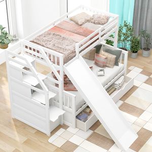 Lit superposé multifonctionnel double sur grand lit avec tiroirs de rangement et glissière, lits pour enfants blancs - Product Image 2