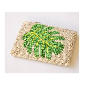 Porte-monnaie miniature en tissu perlé à feuilles vertes fait main, fermeture éclair supérieure, petite taille, pochette de rangement, pour collection de pièces de monnaie, usage polyvalent - Product Image 1
