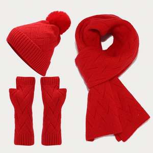 Ensemble trois pièces hiver tricoté couleur unie : gants chauds anti-froid, écharpe et bonnet pour l'extérieur en automne - Product Image 1