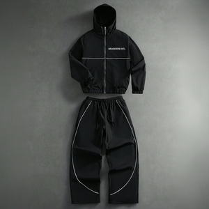 Men’s Fashion Tracksuit Set – Hooded Letter Print <b>Zip</b>-<b>Up</b> <b>Jacket</b> & Matching Contrast Pants, Urban Streetwear Jogging Suit - Product Image 1