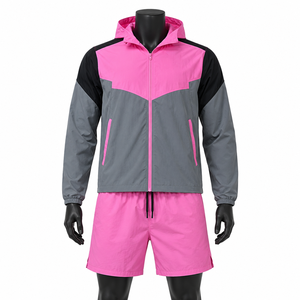 Ensemble de veste coupe-vent unisexe rose et gris à blocs de couleur avec capuche, résistant à l'eau, pour toutes les saisons, vêtements d'extérieur, coupe classique - Product Image 1