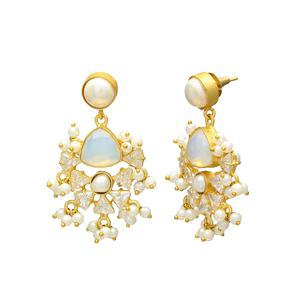 Opalite Hanging Long Stud <b>Earrings</b> for Women <b>Beautiful</b> Wedding Bridal Accessory Gold-Plated Cubic Zirconia Everyday Brass - Product Image 2