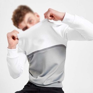 Sudadera de punto con cuello redondo y bloques de color para hombre, corte regular, algodón, informal, para otoño, blanca con panel gris - Product Image 5