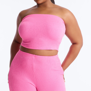 Ensemble 2 pièces côtelé rose personnalisé pour femme – Haut court sans bretelles et pantalon décontracté en maille extensible de coton pour le printemps et l'été - Product Image 4