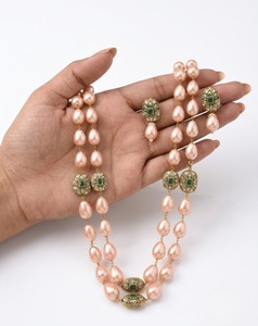 Luxury 2 Layer <b>Pink</b> Pearl Beaded <b>Necklace</b> Set Gold Plated Antique Floral Green Stone Statement Jewelry with Matching Earrings - Product Image 2