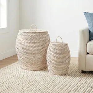 Vietnamese Whitewash Rattan Storage <b>Baskets</b> with Lids Decorative <b>Wicker</b> Organizer Set for Blankets <b>Laundry</b> Toys Home Storage - Product Image 5