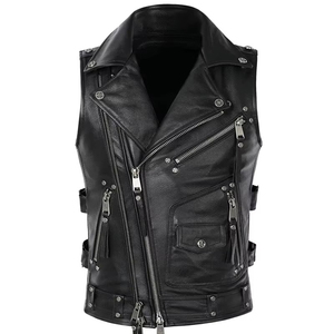 Custom Men Black <b>Leather</b> Biker Vest <b>Sleeveless</b> Motorcycle <b>Jacket</b> Punk Style Multi Zipper Genuine <b>Leather</b> Waistcoat - Product Image 1
