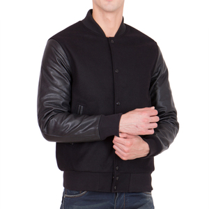 <b>Mens</b> All Black Varsity <b>Jacket</b> Black Leather Sleeves Letterman Bomber <b>Jacket</b> Casual Baseball Style Fashion Winter <b>Warm</b> Outerwear - Product Image 2