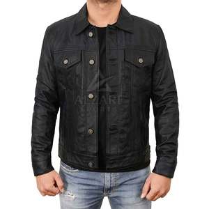 Veste de camionneur classique en cuir pour l'hiver, fermeture à boutons, coupe ajustée pour un look décontracté moderne. - Product Image 4