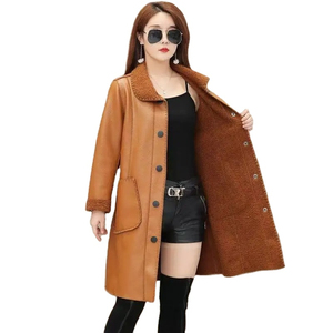 Women's Long Real Leather Trench <b>Coat</b> Stand Collar Zipper Closure <b>Thick</b> Warm <b>Winter</b> Outerwear Solid Color Casual Style Windproof - Product Image 3