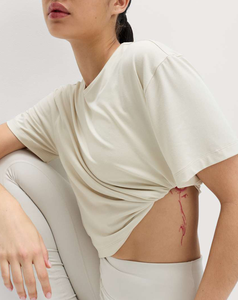 2026 Women's Hot Sale On Cream Crew Neck Short Sleeve Loose Fit Solid Color Cotton T-Shirt Simple Style Yoga <b>Top</b> <b>Low</b> MOQ - Product Image 4