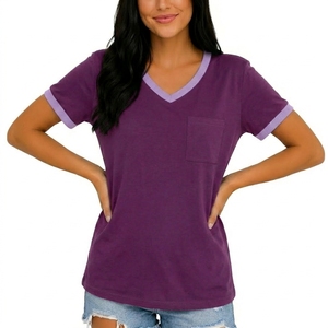 Women's Purple V-Neck Short Sleeve T-Shirt With Pocket Casual Cotton Jersey <b>Top</b> Spring Summer Wear - Product Image 5