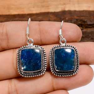 Boucles d'oreilles pendantes en apatite bleue, argent sterling oxydé, bijoux bohèmes faits à la main, boucles d'oreilles statement, cadeau pour elle - Product Image 1