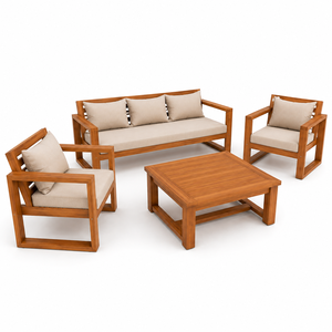 Modern Teak Wood Outdoor Patio <b>Sofa</b> <b>Set</b> with Cushions and Square Coffee Table for Garden Patio Villa Resort Hotel - Product Image 1