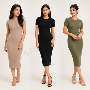 Robe pull midi moulante en maille côtelée, col rond, sans manches, couleur unie, pour femme, en Spandex et Polyester, style décontracté - Product Image 2