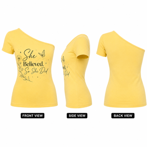 เสื้อยืดแขนสั้นไหล่เดียวทรงเอซิมเมตริก ผ้าถักเนื้อแน่น ทรงเข้ารูป ระบายอากาศได้ดี ผ้าฝ้าย 100% สวมใส่สบายๆ สำหรับฤดูร้อน - Product Image 4