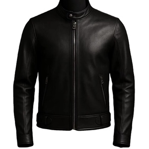 Men's Black Genuine Leather Jacket Stand Collar Zipper Closure Regular Sleeve Solid Color Autumn Wear - Product Image 1