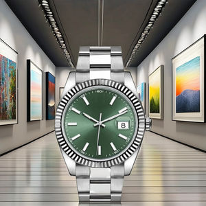 Montre de sport de luxe en acier inoxydable de haute qualité, ton argenté, bracelet 22 mm, style moderne Hip Hop, cadran vert soleil, index lumineux - Product Image 3