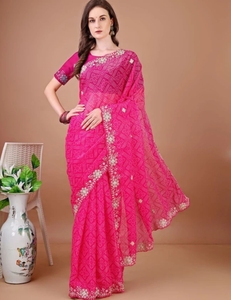 Sari Tradicional de Rayón Georgette con Estampado Bandhani para Fiestas, Reversible y Sin Arrugas - Product Image 1