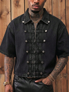 2. Camisa de mezclilla de doble botonadura para hombre, estilo Frog Button, negra lavada, manga corta B - Product Image 1
