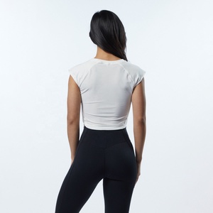 Polyester Summer Women's White Cap <b>Sleeve</b> <b>Crop</b> <b>Top</b> T-Shirt Solid Color O-Neck Quick Dry Sporty Fit Slim Knitted Velocity T-Shirt - Product Image 2