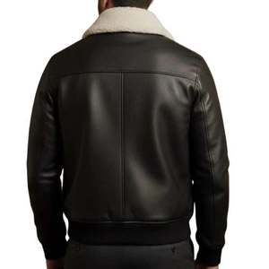 Custom <b>Men</b> Black Leather <b>Jacket</b> Beige <b>Shearling</b> Fur Collar Winter Luxury Biker <b>Jacket</b> Premium Quality - Product Image 3
