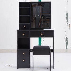 29.2\" Kids' Desktop Vanity Table Set <b>Cushioned</b> Stool Large Right Slide Mirror Multi-Layer High Capacity <b>Small</b> Size Left Drawer - Product Image 2