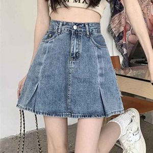 Women High Waist <b>Denim</b> Mini <b>Skirt</b> A-Line Pleated Casual Solid Washed Style All Seasons Comfortable Woven Fabric - Product Image 1