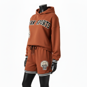 Women Hoodie Short Set 320 GSM Cotton Fleece <b>Rust</b> Brown Soft Heavyweight Chenille Applique Custom Logo Women's Sets - Product Image 4