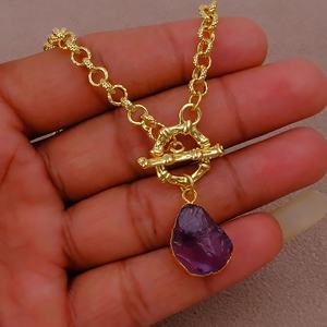Natural Raw Amethyst February <b>Birthstone</b> <b>Necklace</b> Trendy Daily Life Gold Plated Rough Purple Quartz Healing Pendant Jewelry - Product Image 5
